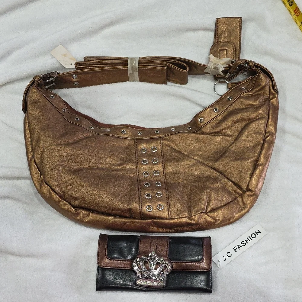 Bronze Hobo Shoulder Bag With Matching Crown Wallet. 👑